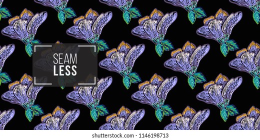 Mexican blue flower seamless pattern. Traditional elements on dark repeatable background. Watercolor style illustration on black backdrop.