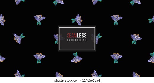 Mexican blue flower seamless pattern. Traditional elements on dark repeatable background. Watercolor style illustration on black backdrop.