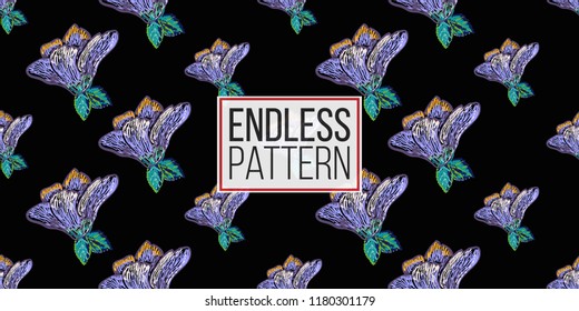 Mexican blue flower seamless pattern. Traditional elements on dark repeatable background. Watercolor style illustration on black backdrop.