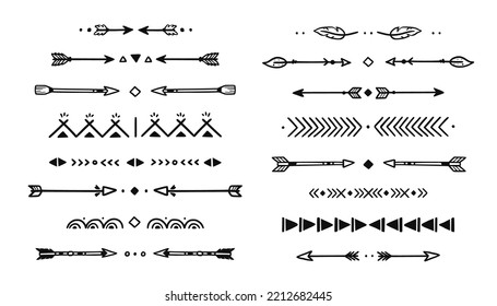 Mexican, boho arrow hand drawn element set. African, aztec rustic ethnic arrow, ornament divider. Tribal boho decor design. Vector illustration.