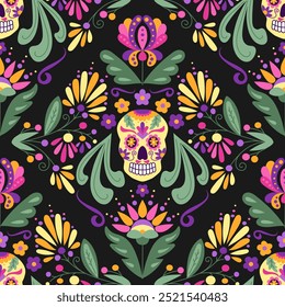 Padrão mexicano negrito Folk sem costura para Dia de los Muertos feriado. Composição espelhada com flores de fantasia e folhas e crânio decorado em cor brilhante. Ilustração vetorial no plano de fundo preto