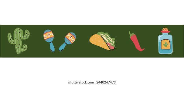 Mexican border of maracas, tequila, cactus on green background. Vector illustration can used for greeting card, banners and flyers. 