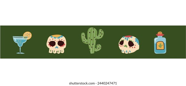 Mexican border of skull, tequila, cactus on green background. Vector illustration can used for greeting card, banners and flyers. 