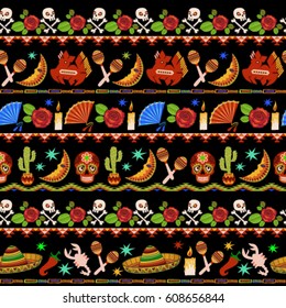 Mexican borders pattern. Mexican seamless pattern. Mexican national symbols background. Day of the dead cartoon
