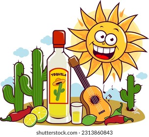 Mexican bottle of tequila in the desert and cartoon sun. Vector illustration