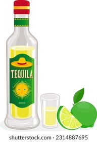 Mexican bottle of tequila, tequila shot and sliced lime. Vector illustration