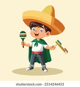 Mexican boy dressed in typical Mexican elements, holding a maraca and a matraca and happily enjoying the celebrations of the Independence of Mexico.