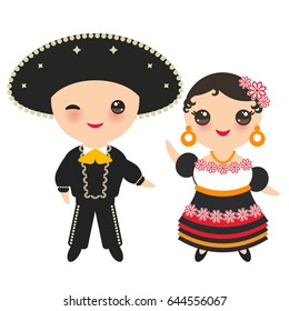 Mexican boy and girl in national costume and hat. Cartoon children in traditional Mexico dress. Isolated on white background. Vector