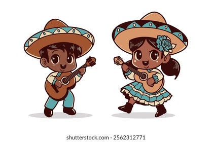 Mexican boy and girl playing guitar illustration