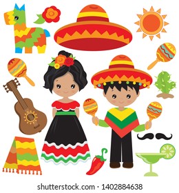 Mexican boy and girl vector cartoon illustration