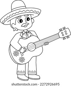 Mexican Boy with Guitar Isolated Coloring Page