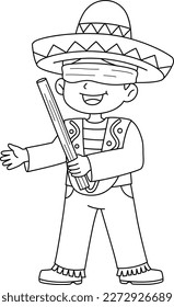 Mexican Boy Holding Pinata Stick Isolated Coloring