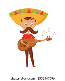 Mexican boy with mustache and sombrero playing the guitar, mexican greeting card holiday, vector illustration.