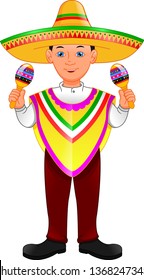 mexican boy in poncho and sombrero holding maracas