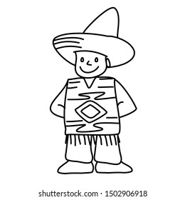 A Mexican boy wearing a traditional outfit, with a sombrero (hat) and a poncho (outer garment or overcoat).