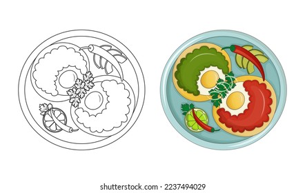 Mexican breakfast - eggs huevos divorciados on corn tortillas with two sauces roja and verde and chili peppers. Kids coloring book for elementary school. Vector illustration. Cartoon.