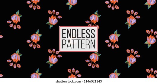 Mexican bright flower seamless pattern. Traditional elements on dark repeatable background. Watercolor style illustration on black backdrop.