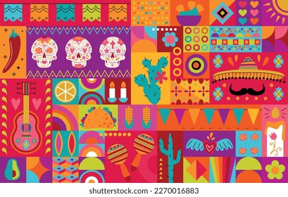 Mexican bright music pattern with skulls, sombrero hat, mustache, maracas, guitar, taco, nachos, avocado, cactus and chilli pepper vector background. Mexican design