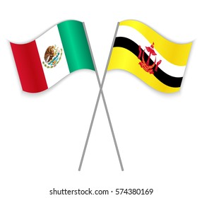 Mexican and Bruneian crossed flags. Mexico combined with Brunei isolated on white. Language learning, international business or travel concept.