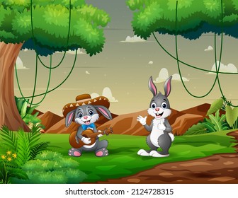 Mexican bunnies playing guitar and singing in a green field