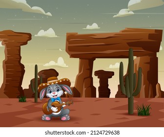 Mexican bunny playing guitar and wearing a sombrero in desert