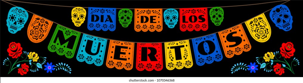 Mexican bunting for Day of the Dead (Dia de los Muertos). Horizontal web banner