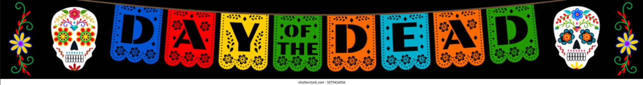 Mexican bunting for Day of the Dead (Dia de los Muertos). Horizontal web banner