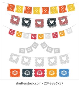 Embalaje mexicano para el Día de los Muertos. Banner web de Garland. Cartel mexicano, México. plantilla multicolor con banderas tradicionales mexicanas colgando. El Día De La Muerte Cortó Papel. 2304