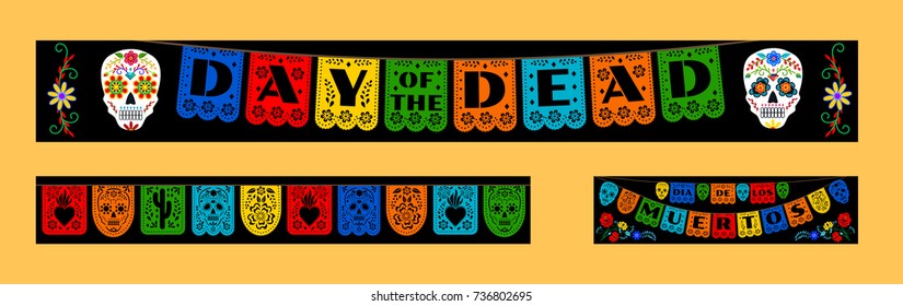 Mexican bunting for Day of the Dead (Dia de los Muertos). Horizontal web banners set