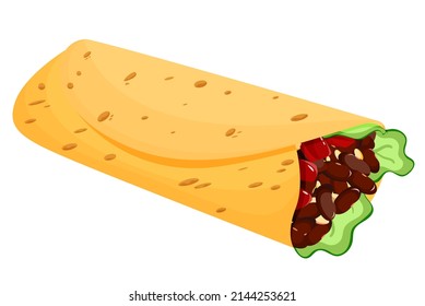 Mexican burrito. Appetizing fast food. Mexican burrito icon, with corn wrap, lettuce, tomato, with chili beans. Mexican food. isolated on white background. Vector illustration