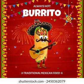 Carácter mexicano del burrito. Vector de comida mexicana Anuncio promocional con divertida caricatura tex mex apetitoso mariachi músico con guitarra, pinata y fuegos artificiales celebrar la tradicional fiesta de México