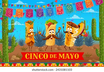 Mexican burrito, enchilada and chimichanga food characters on holiday party. Vector festive banner with funny tex mex personages wear mariachi sombrero playing maracas, and guitar in decorated desert svg