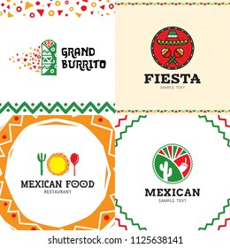 Mexican Burrito Food logo design set. Vector traditional meal illustration background. Colorful sign symbol for cafe, restaurant, fast food, truck. Ethnic cuisine label with cactus, maracas, sombrero