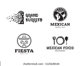 Mexican Burrito Food logo design set. Vector traditional meal illustration background. Graphic sign symbol for cafe, restaurant, fast food, truck. Ethnic cuisine label with cactus, maracas, sombrero