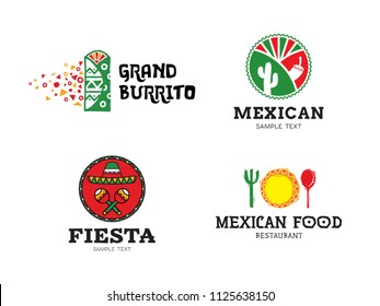 Mexican Burrito Food logo design set. Vector traditional meal illustration background. Colorful sign symbol for cafe, restaurant, fast food, truck. Ethnic cuisine label with cactus, maracas, sombrero