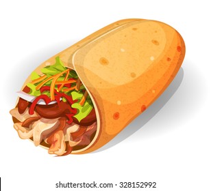 Mexican Burrito Icon.
Illustration of an appetizing cartoon fast food Mexican burrito icon, with corn wrap, salad leaves, tomatoes, cheese and chicken meat with chili beans, for takeout restaurant