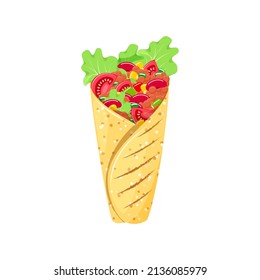 Mexican burrito icon. Illustration of traditional Mexican food isolated on a white background. Ground meet with vegetables rolled into tortilla. Vector 10 EPS.