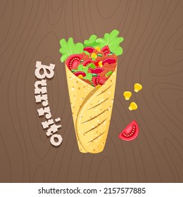 Mexican burrito icon. Illustration of traditional Mexican food on a dark wood background. Ground meet with vegetables rolled into tortilla. Vector 10 EPS.