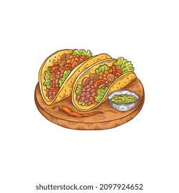 Mexican burrito meat rolls in corn wraps, hand drawn sketch style vector illustration isolated on white background. Mexican burrito dish with fillings rolled in tortilla.