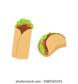 Mexican burrito and taki, traditional food of Mexico vector Illustration on a white background