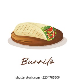 Mexican burritto corn tortilla with minced meat, lettuce, corn and cheese on a wooden tray. Fast food restaurant and street food snacks, meat tortillas, takeaway food delivery