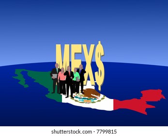 Mexican business team with map flag and currency