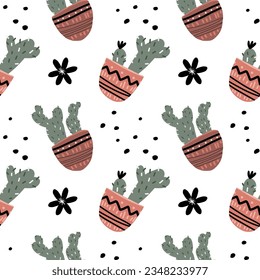 Mexican cacti in pots. endless vector pattern on white background. black dots and flowers, painted cactus pots.