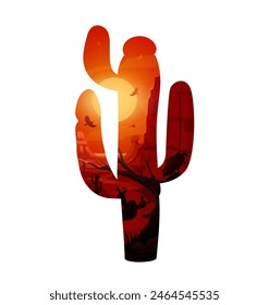 Mexican cacti silhouette with desert landscape. Vector cactus shaped frame with sunset in Mexico. Deserted land with rocks, sun and plants, flying birds, red duck sky with clouds and trees beneath