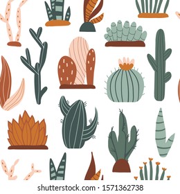 Mexican cactus, aloe and succulents seamless pattern. Cute colorful hand drawn flat style vector. Doodle desert plants, mexico cacti flower, tropical home flowers. Botany, floral texture for textile