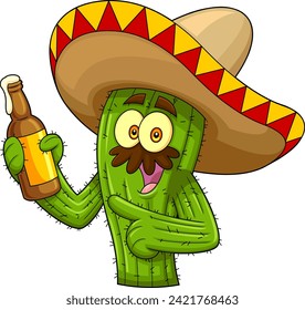 Mexican Cactus Cartoon Character Holding A Bottle Of Beer And Pointing. Vector Hand Drawn Illustration Isolated On Transparent Background