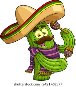 Mexican Cactus Cartoon Character Shaking Maracas. Vector Hand Drawn Illustration Isolated On Transparent Background