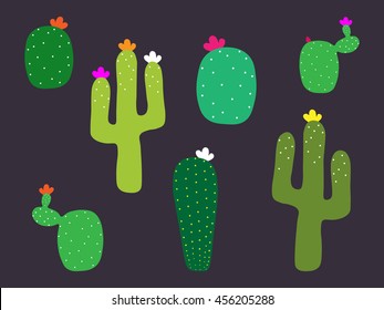 Mexican cactus flower collection. Cactus pattern on black background. Flat icons of cactuses. Vector EPS 10