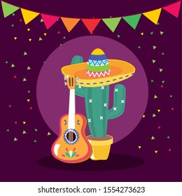 Mexican cactus with guitar design, Mexico culture tourism landmark latin and party theme Vector illustration