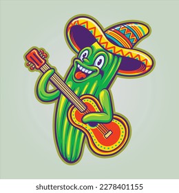 Mexican cactus guitar sombrero hat cinco de mayo logo cartoon illustrations vector for your work logo  merchandise tshirt  stickers   label designs  poster  greeting cards advertising business brand